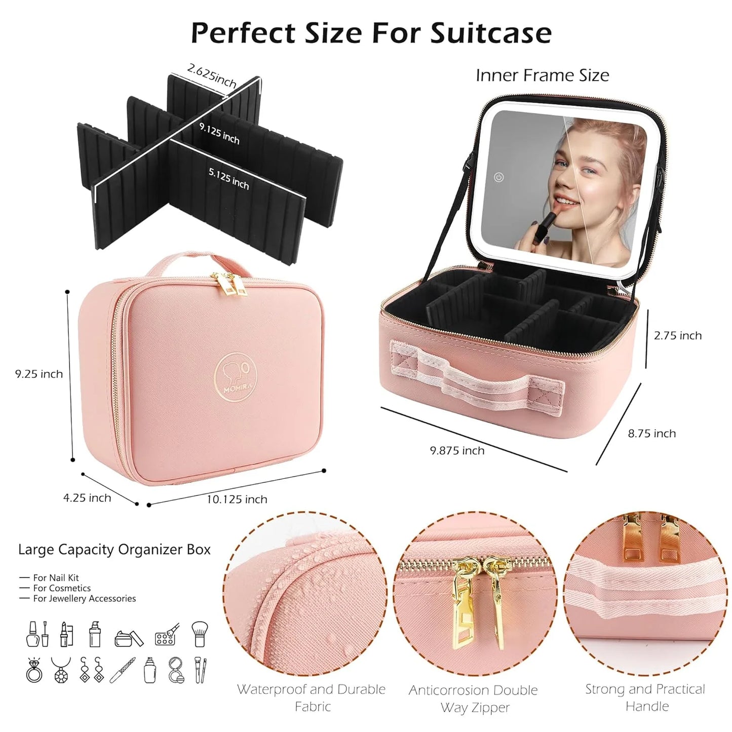 ✨ Premium Travel Makeup Bag with Smart LED Mirror – Rechargeable & Multi-Functional