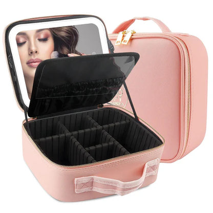 ✨ Premium Travel Makeup Bag with Smart LED Mirror – Rechargeable & Multi-Functional